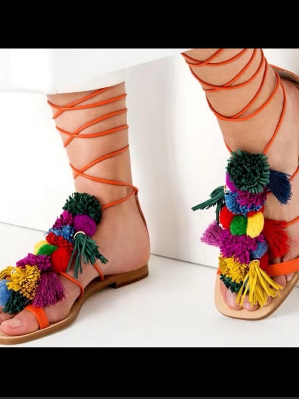 Colorful Zara gladiator style sandals with pompoms